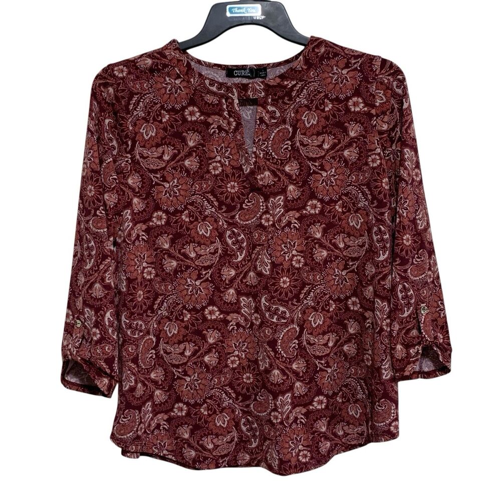 CURE Blouse Top Womens Sz Large Burgundy Paisley Floral Long Sleeve Keyhole Neck